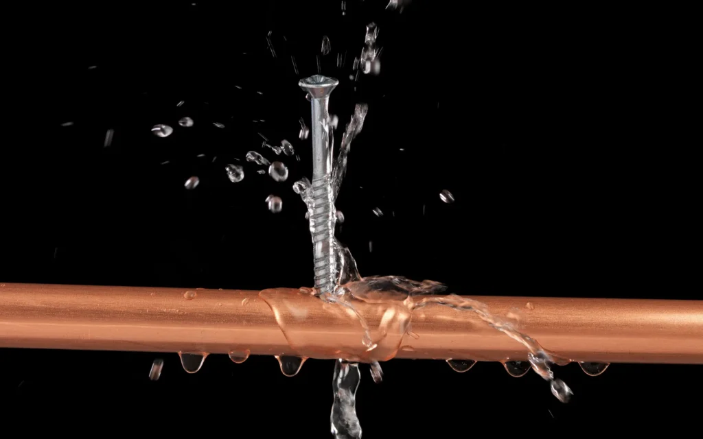 A burst pipe leaking water, requiring water damage restoration services