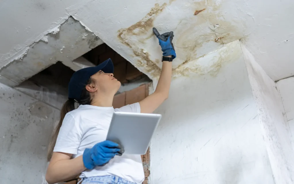 Damage-restoration-Maryland A member of Reyes Restoration's team inspecting water damage on a ceiling, representing damage restoration in Maryland