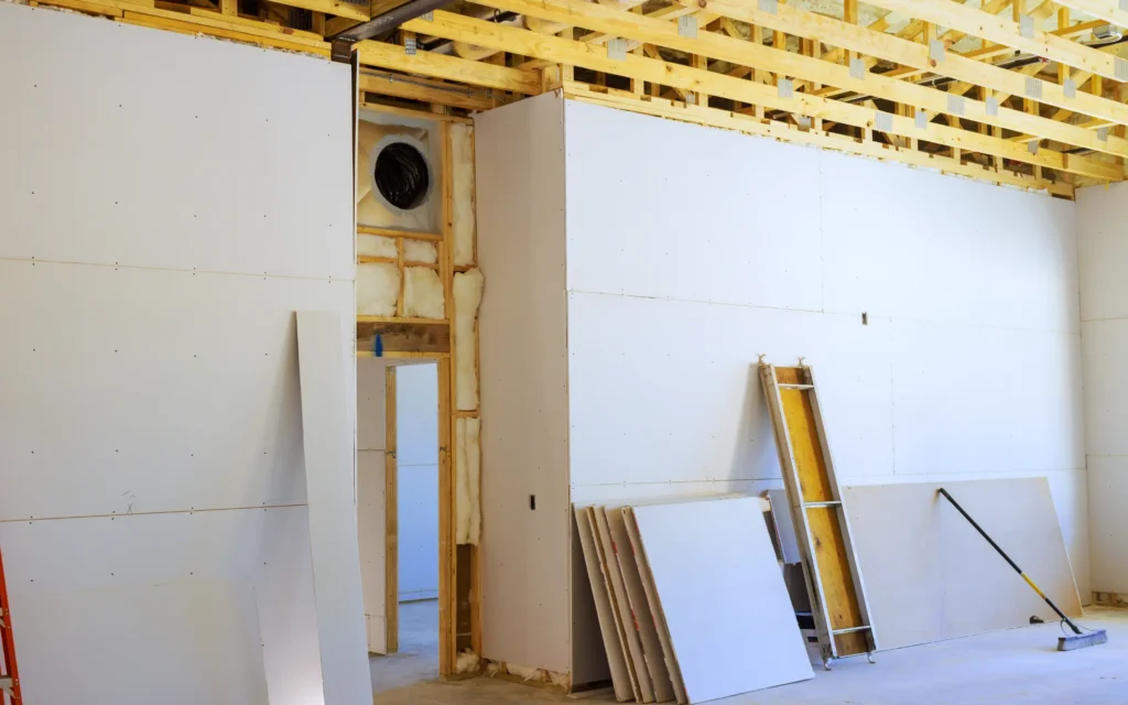 Drywall being installed on a fire damaged and restored property