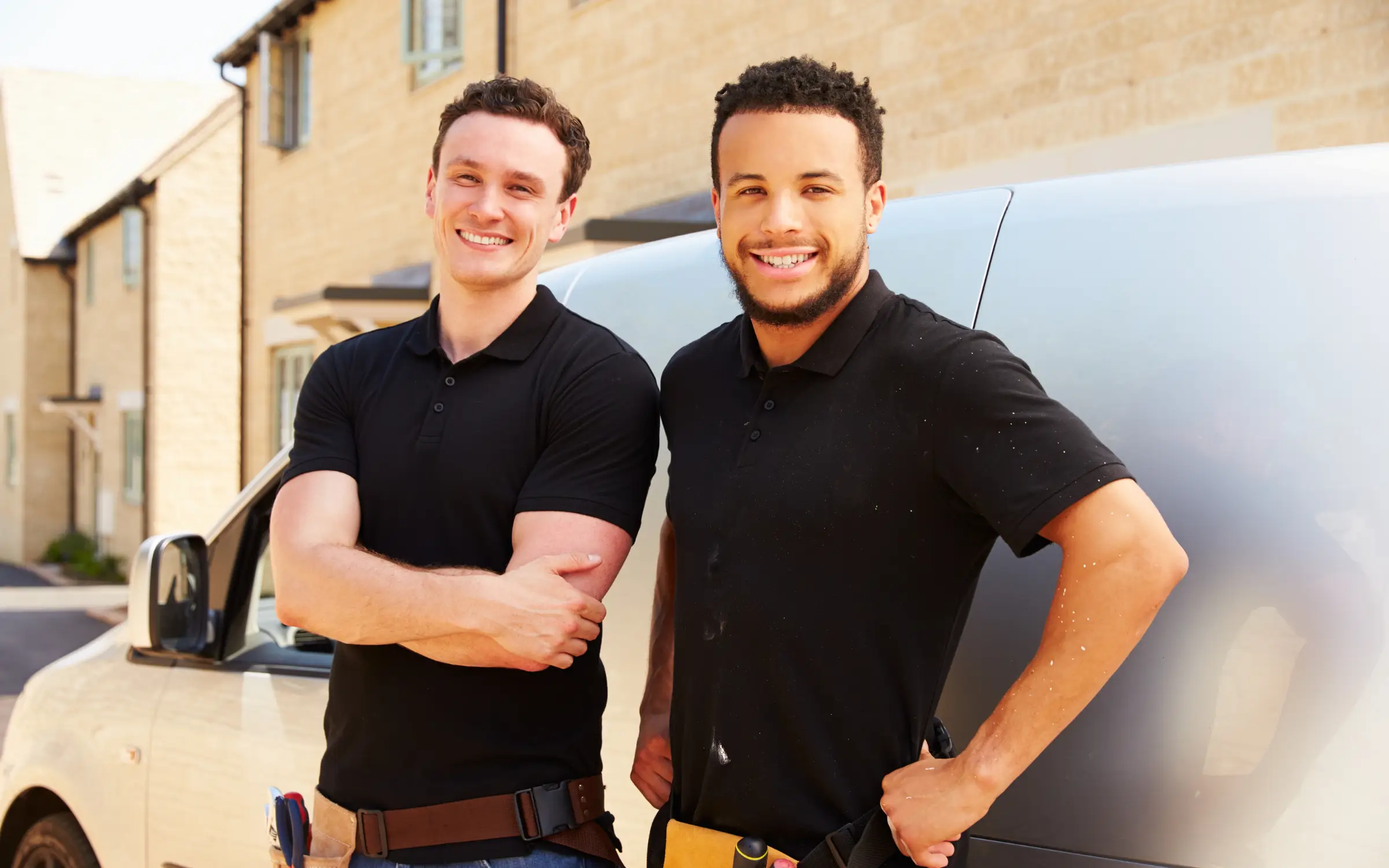 Two of Reyes Restoration's contractors entering a fire damage restoration job in Maryland