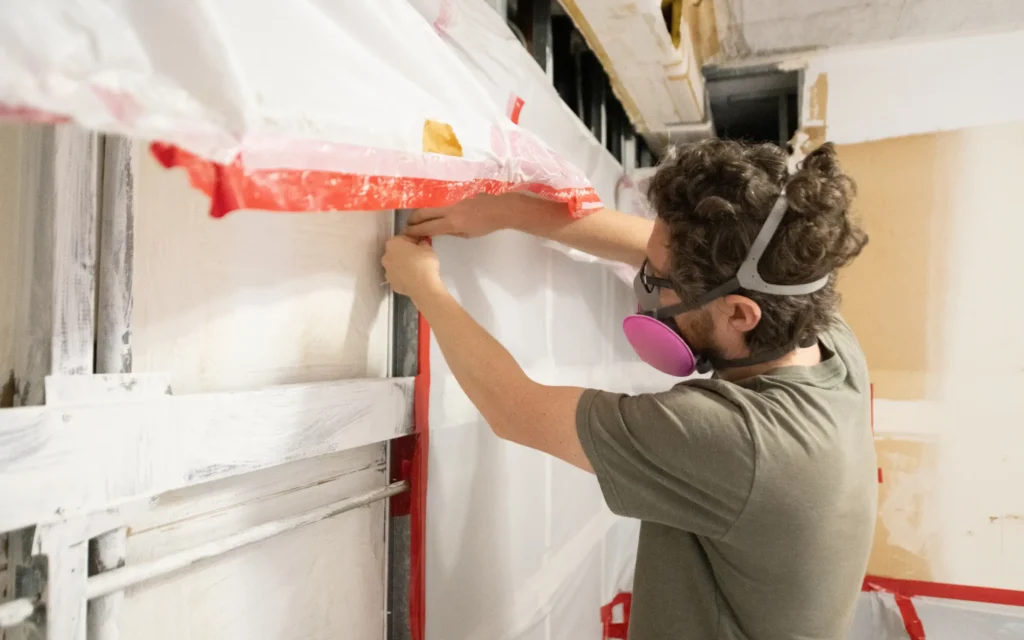 Mold-remediation-and-removal A man wearing a mask and PPE containing an area for mold remediation and removal in Maryland