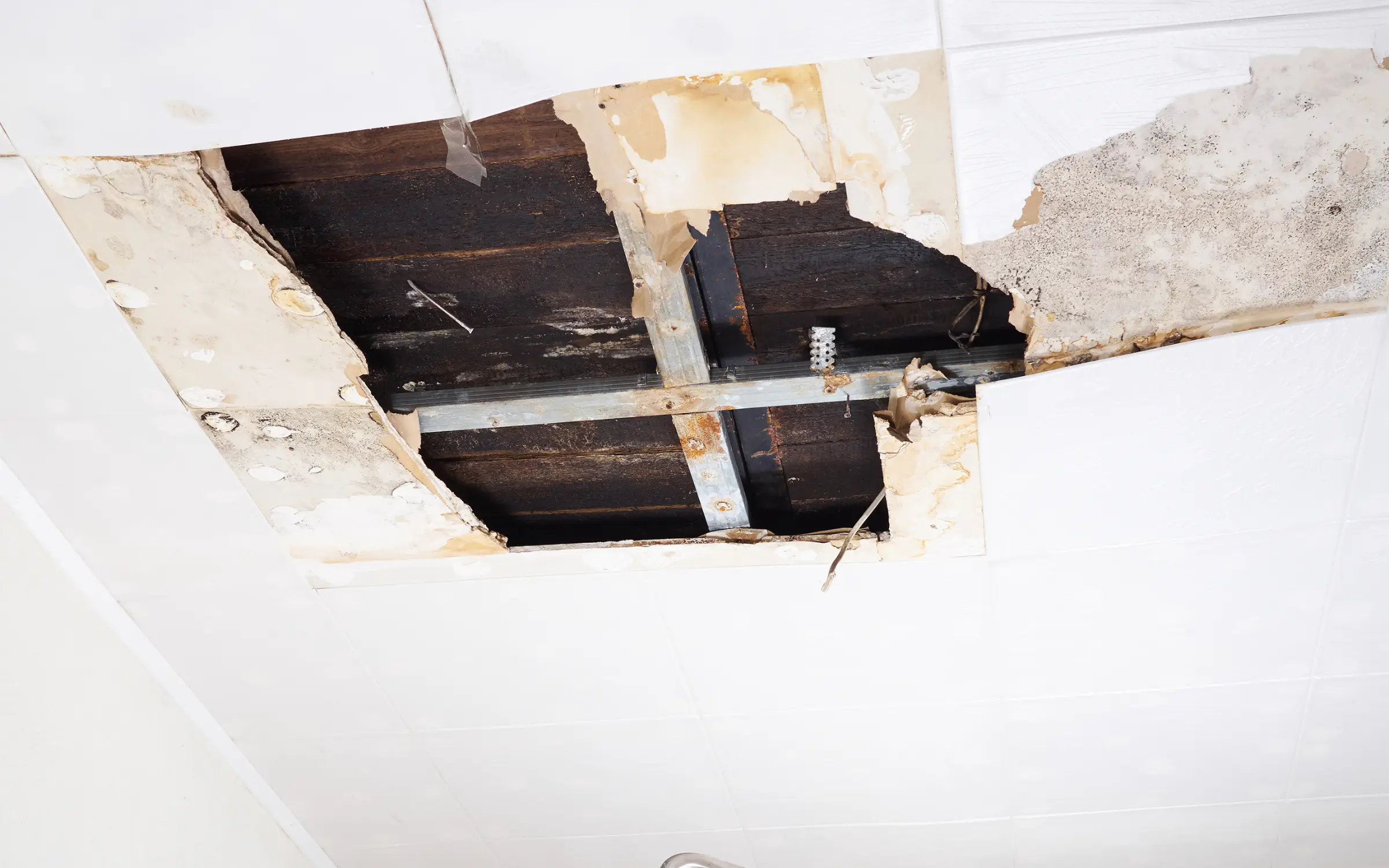 A damaged ceiling representing old water damage causing historic mold problems in Maryland