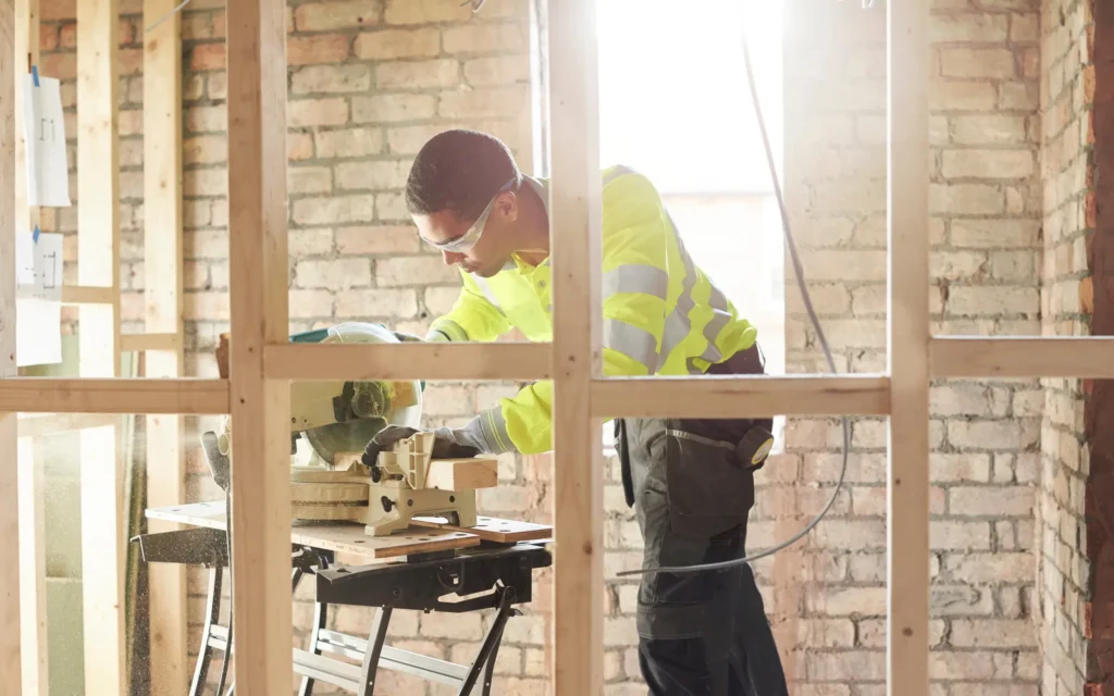 A Reyes Restoration technician replacing damaged framing after a fire during a repairs and reconstruction job