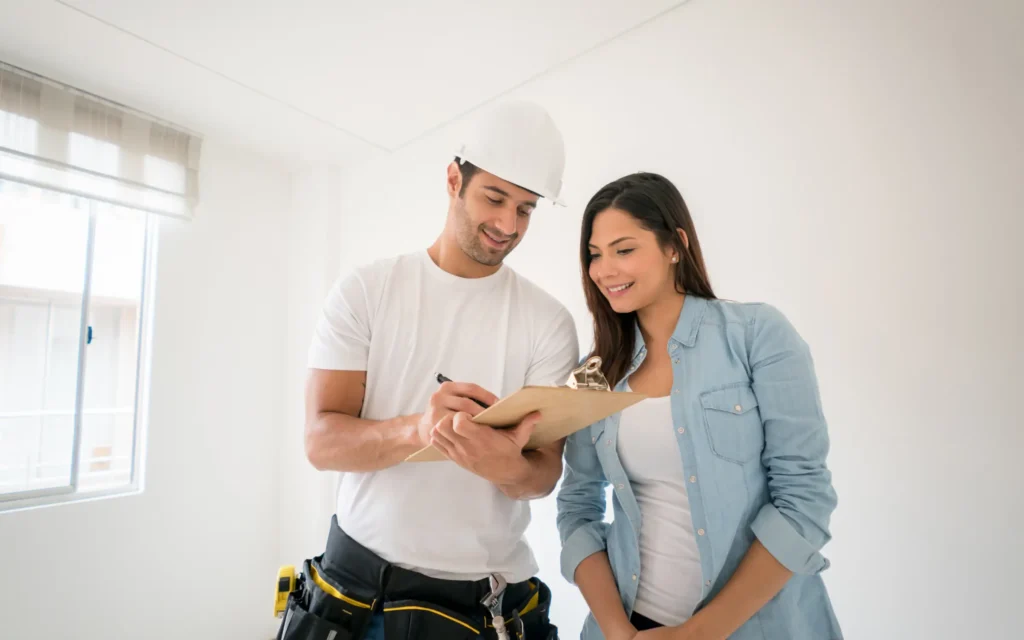 A smiling Reyes Restoration contractor with a clipboard talking with a homeowner