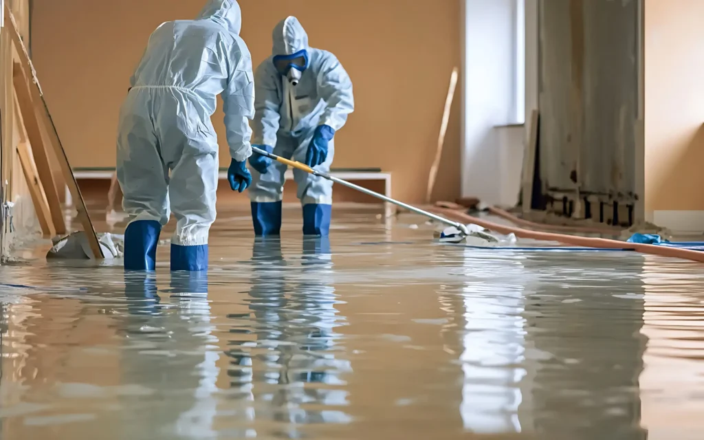 A significant amount of water in a home being extracted by Reyes Restoration professionals, representing water damage clean up in Maryland