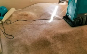 A water damaged carpet being dried and professionally restored