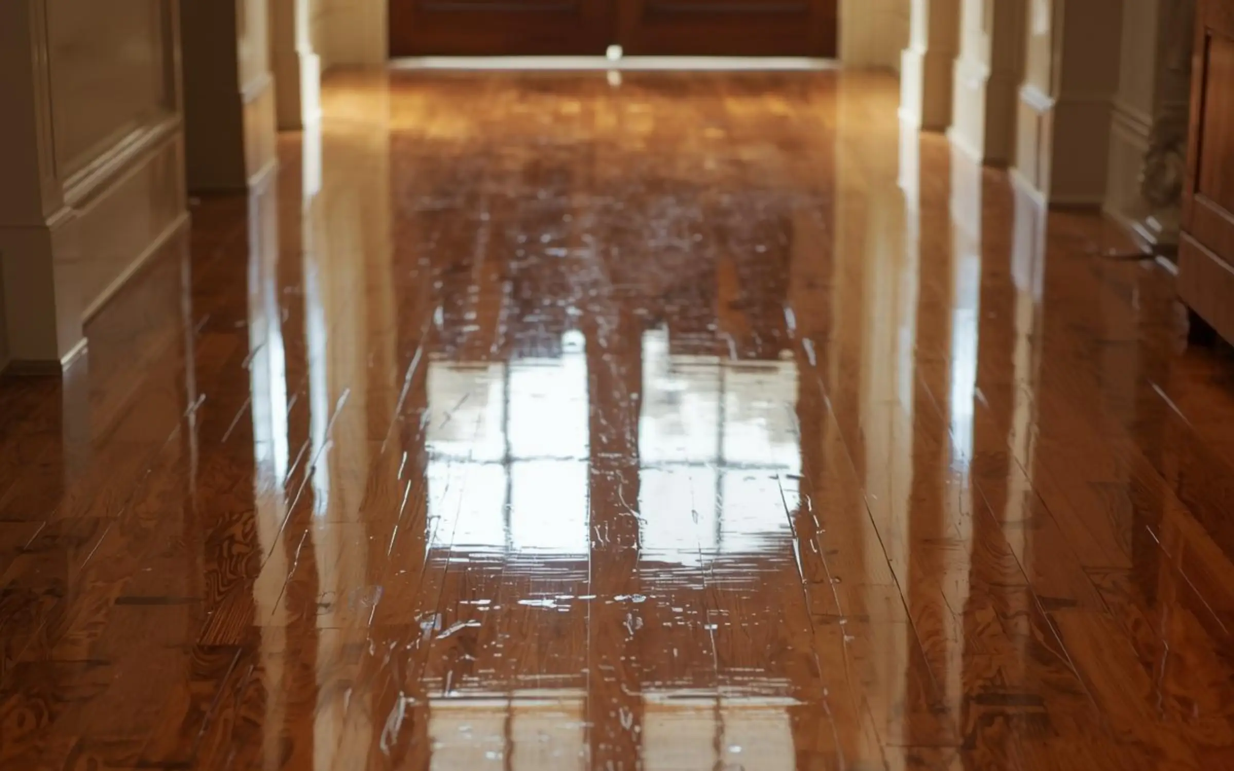 A wet wooden floor after storm damage in Maryland requiring water extraction services