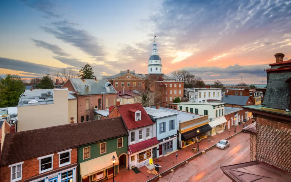 A rooftop photo of the downtown historic district in Annapolis, MD