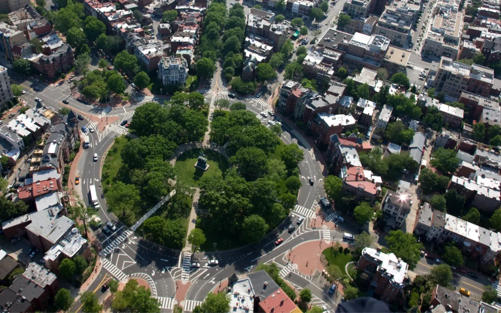 A drone shot of Logan Circle, DC