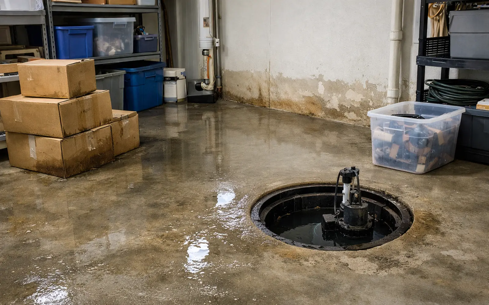 A failed sump pump in a basement in Maryland resulting in flooding.
